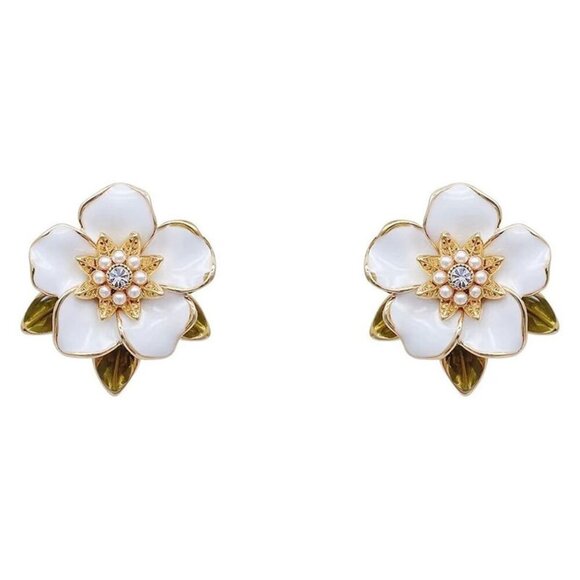Cute Vintage Korean Style Flower & Leaf Enamel Studs Floral Fashion Earrings 1" - Picture 1 of 3